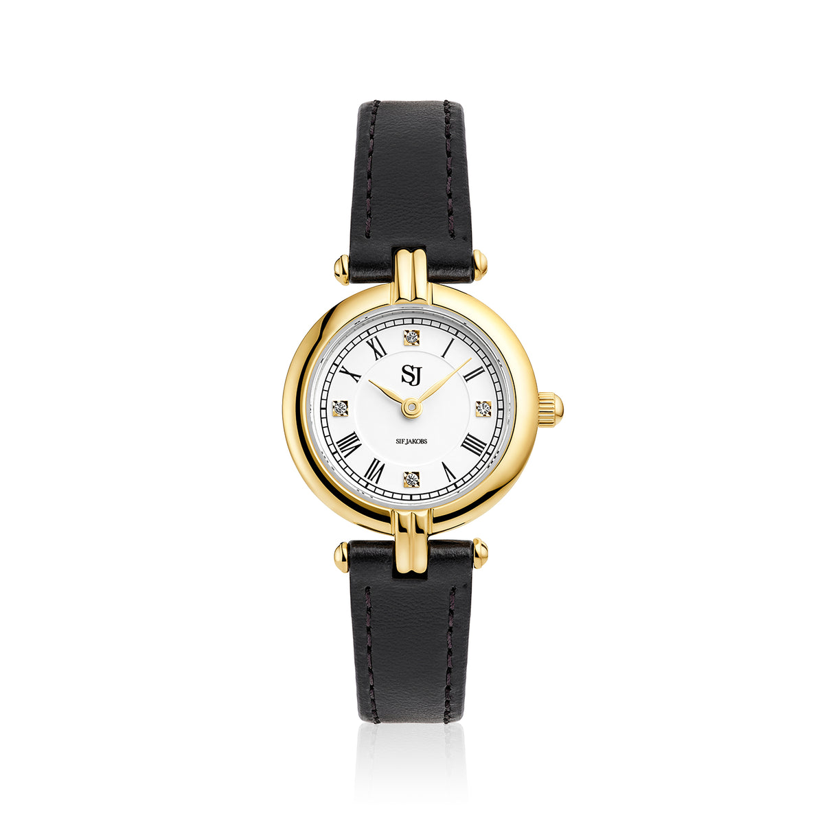 Stainless steel gold | Black leather strap